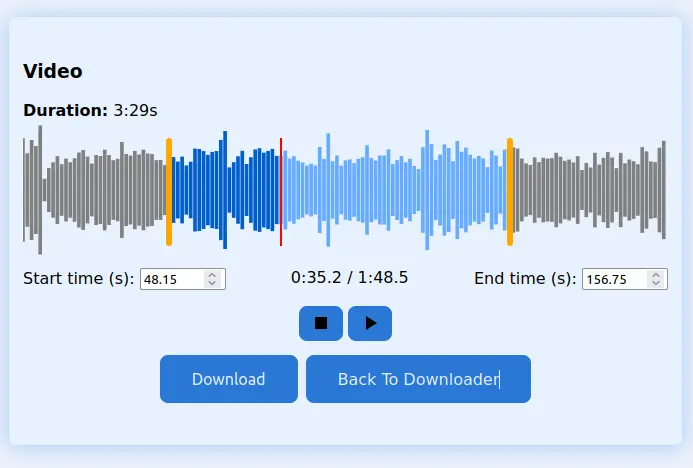 Preview of the editor page showing trimming options for a song.