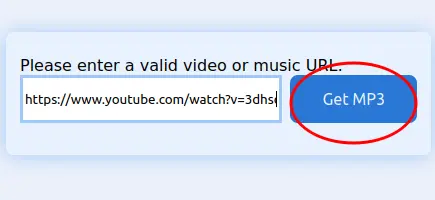 Screenshot showing the YouTube video URL pasted into the converter field with the 'Get MP3' button highlighted.